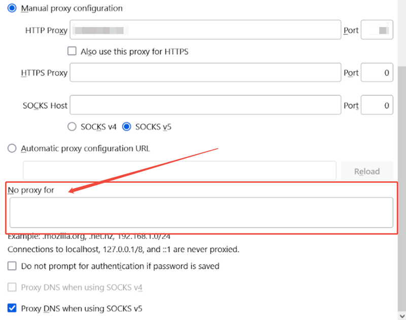 firefox no proxy for